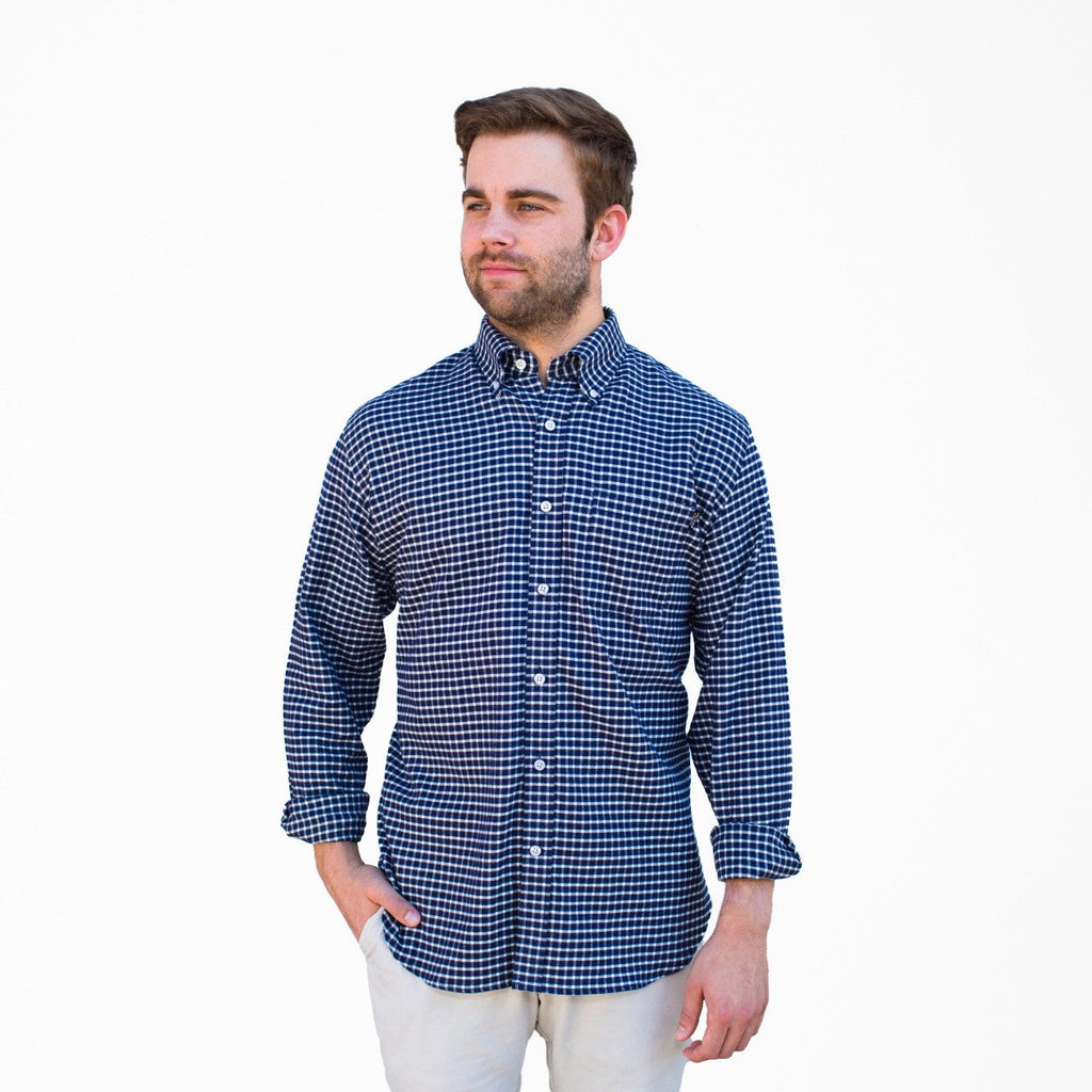 Block Island Flannel - Navy & White Graph Check - Pelican Coast Clothing