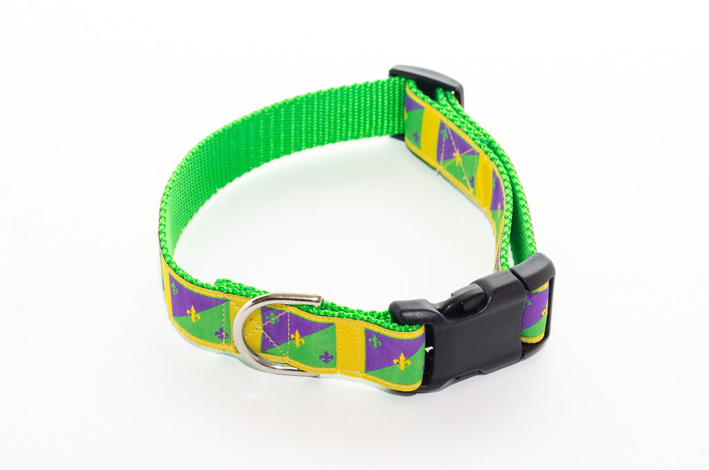Mardi Gras Gold and Green Flags Dog Collar 21" - Pelican Coast Clothing