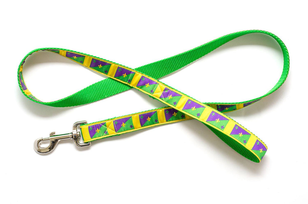 Mardi Gras Gold and Green Flags Dog Leash - Pelican Coast Clothing